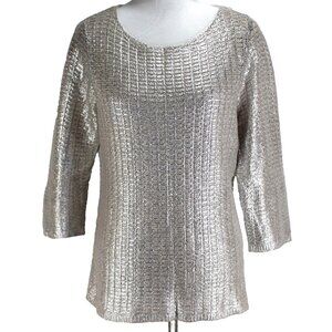 Chicos Metallic Sweater Sz 1 M Gold 3/4 Sleeve Round Neck Pullover Womens
